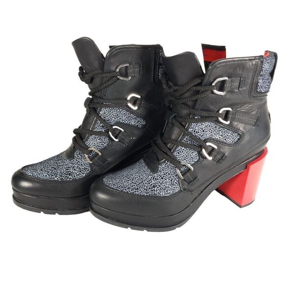 Sorel Women's Blake Shatter US 8,5 Black Red Leather Laceup Chunky Heels Boots - Picture 1 of 11
